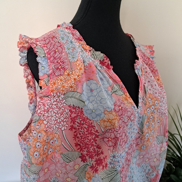 New! Talbots Shirt Womens 1X Vibrant Floral Ruffle Trim Split Neck Cotton Top - Picture 6 of 13